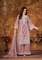 Monjolika Fashion Mauve Color Net Embroidered Palazzo Suit | Grocsy