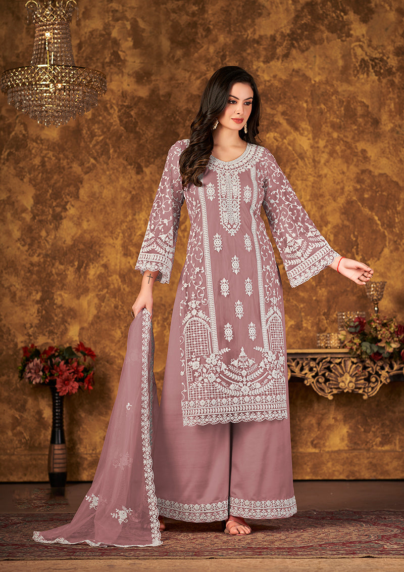 Monjolika Fashion Mauve Color Net Embroidered Palazzo Suit | Grocsy