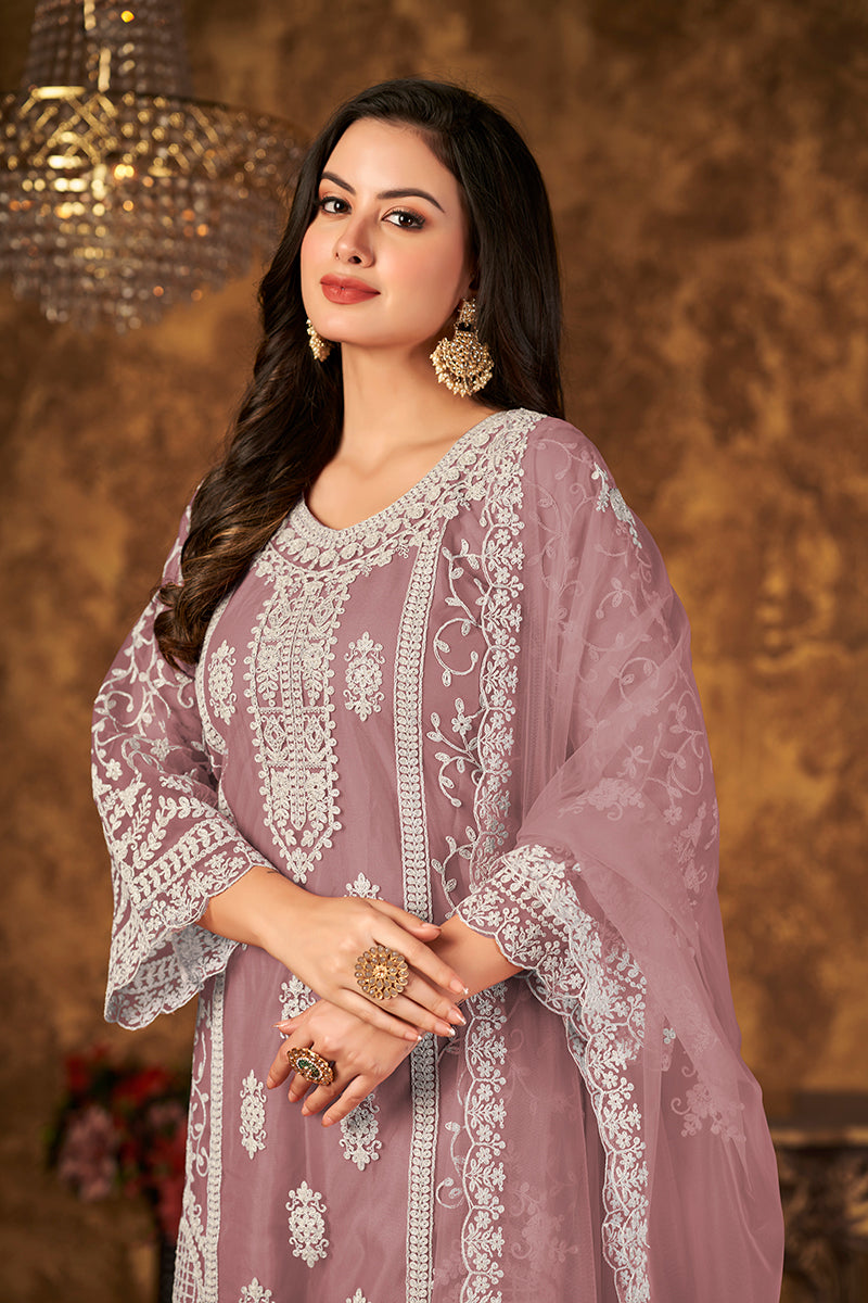 Monjolika Fashion Mauve Color Net Embroidered Palazzo Suit | Grocsy