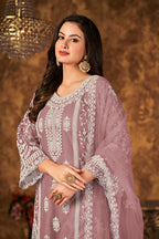 Monjolika Fashion Mauve Color Net Embroidered Palazzo Suit | Grocsy