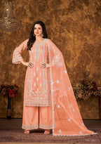 Monjolika Fashion Peach Color Net Embroidered Palazzo Suit | Grocsy