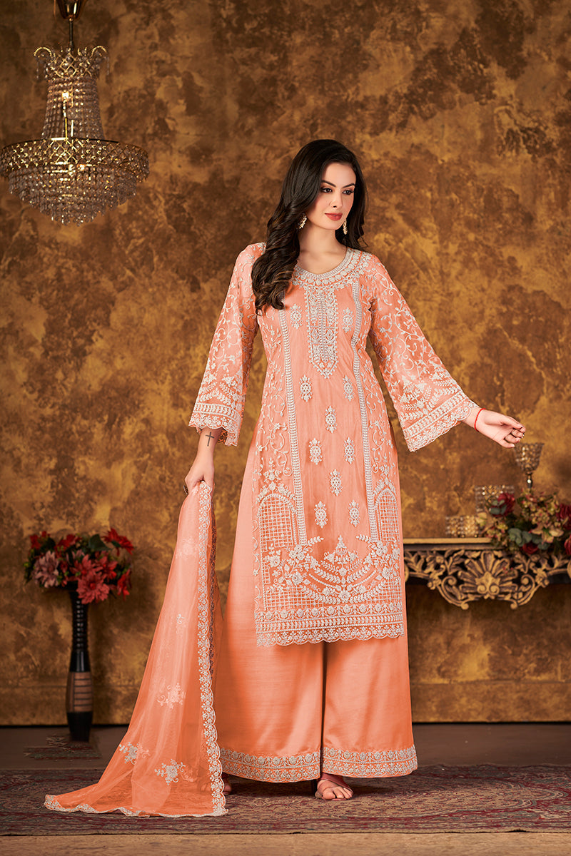 Monjolika Fashion Peach Color Net Embroidered Palazzo Suit | Grocsy
