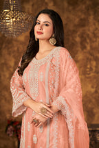 Monjolika Fashion Peach Color Net Embroidered Palazzo Suit | Grocsy