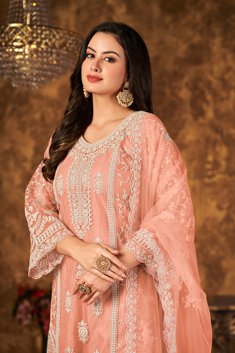 Monjolika Fashion Peach Color Net Embroidered Palazzo Suit | Grocsy
