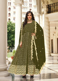 Monjolika Fashion Mehendi Green Color Georgette Embroidered Anarkali Salwar Kameez | Grocsy