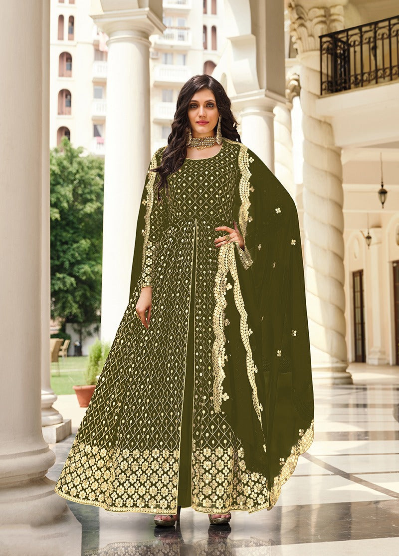 Monjolika Fashion Mehendi Green Color Georgette Embroidered Anarkali Salwar Kameez | Grocsy