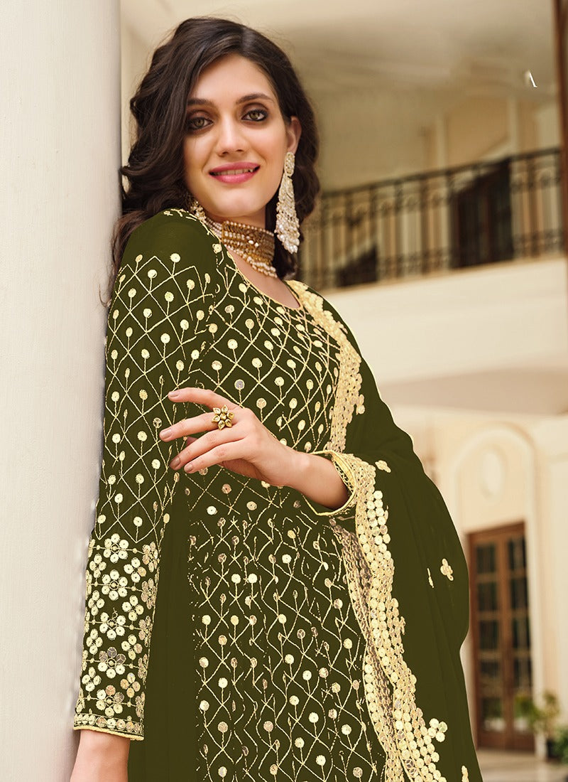 Monjolika Fashion Mehendi Green Color Georgette Embroidered Anarkali Salwar Kameez | Grocsy