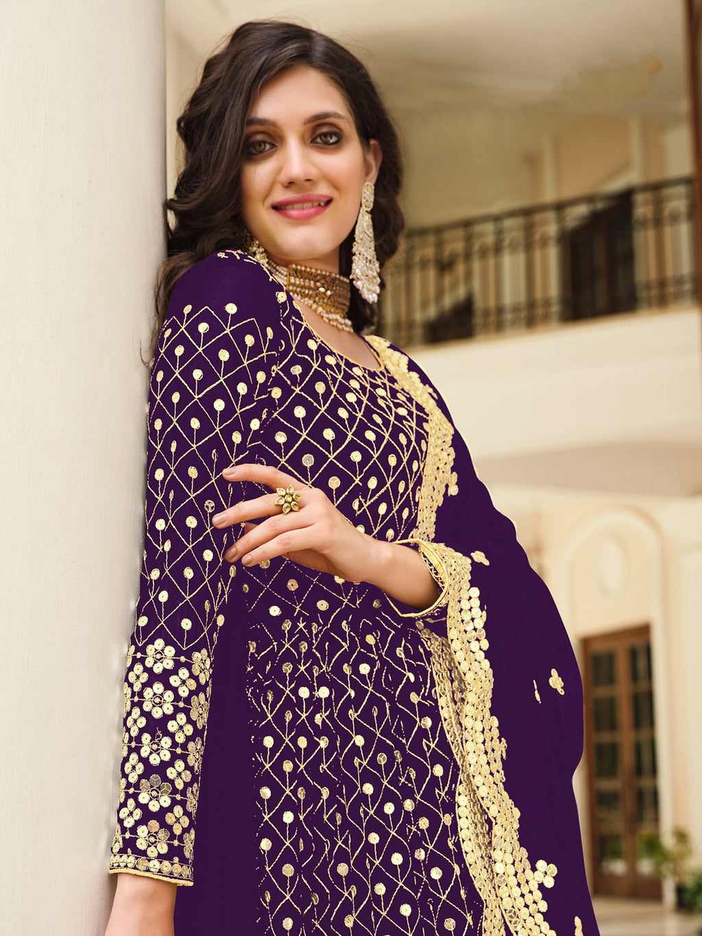 Monjolika Fashion Purple Color Georgette Embroidered Anarkali Salwar Kameez | Grocsy