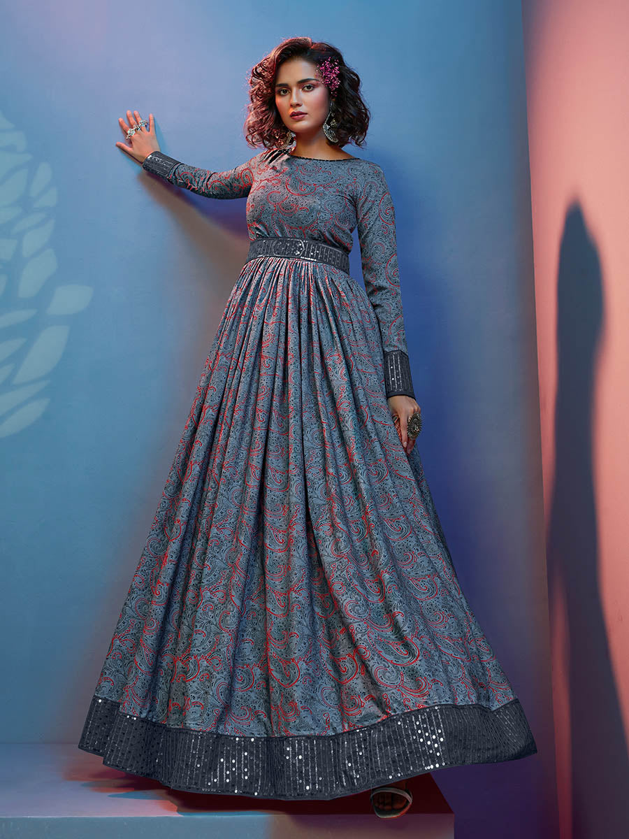 Myra Grey Crepe Printed Embroidered Gown | Grocsy