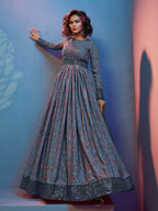 Myra Grey Crepe Printed Embroidered Gown | Grocsy
