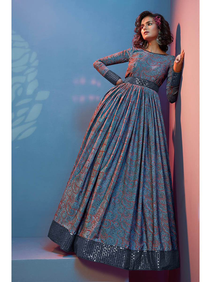 Myra Grey Crepe Printed Embroidered Gown | Grocsy