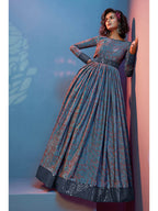 Myra Grey Crepe Printed Embroidered Gown | Grocsy
