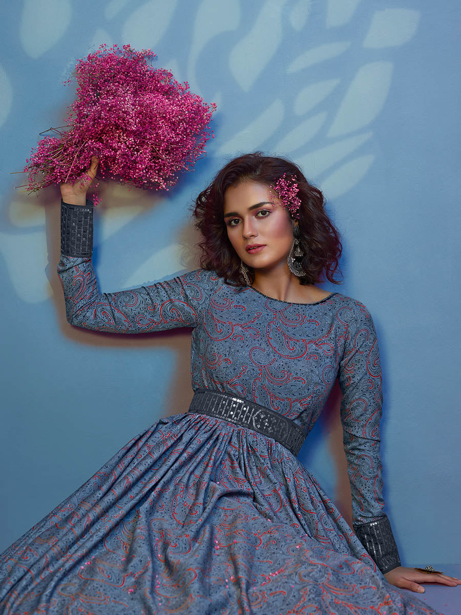 Myra Grey Crepe Printed Embroidered Gown | Grocsy