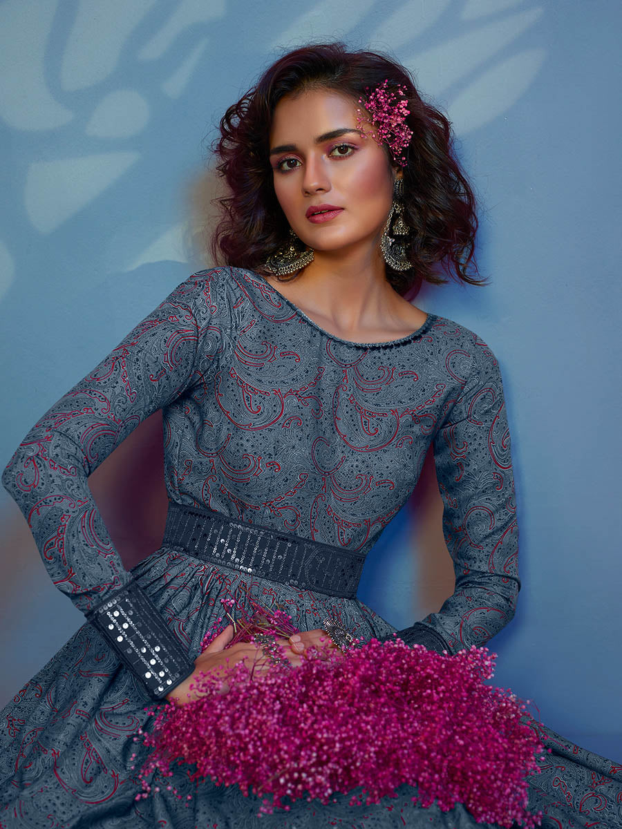 Myra Grey Crepe Printed Embroidered Gown | Grocsy
