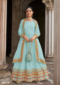 Monjolika Fashion Sky Blue Color Georgette Embroidered Floor Length Anarkali Suit | Grocsy