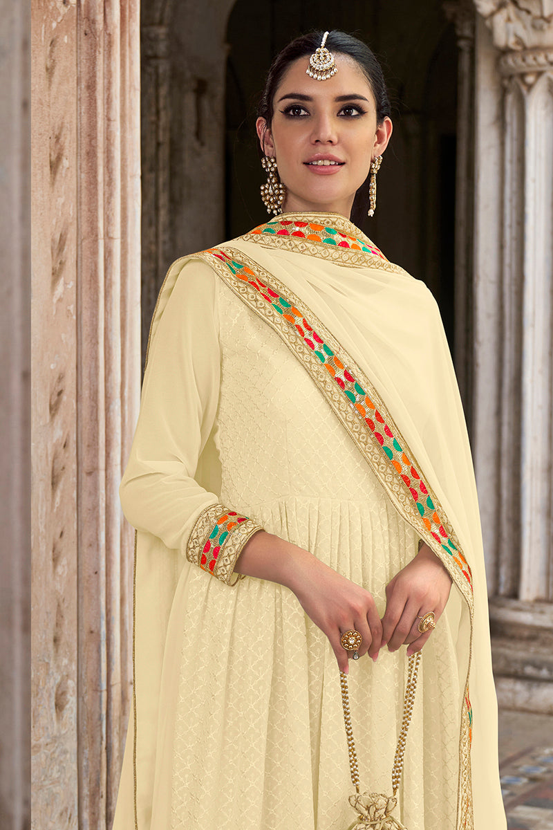 Monjolika Fashion Cream Color Georgette Embroidered Floor Length Anarkali Suit | Grocsy
