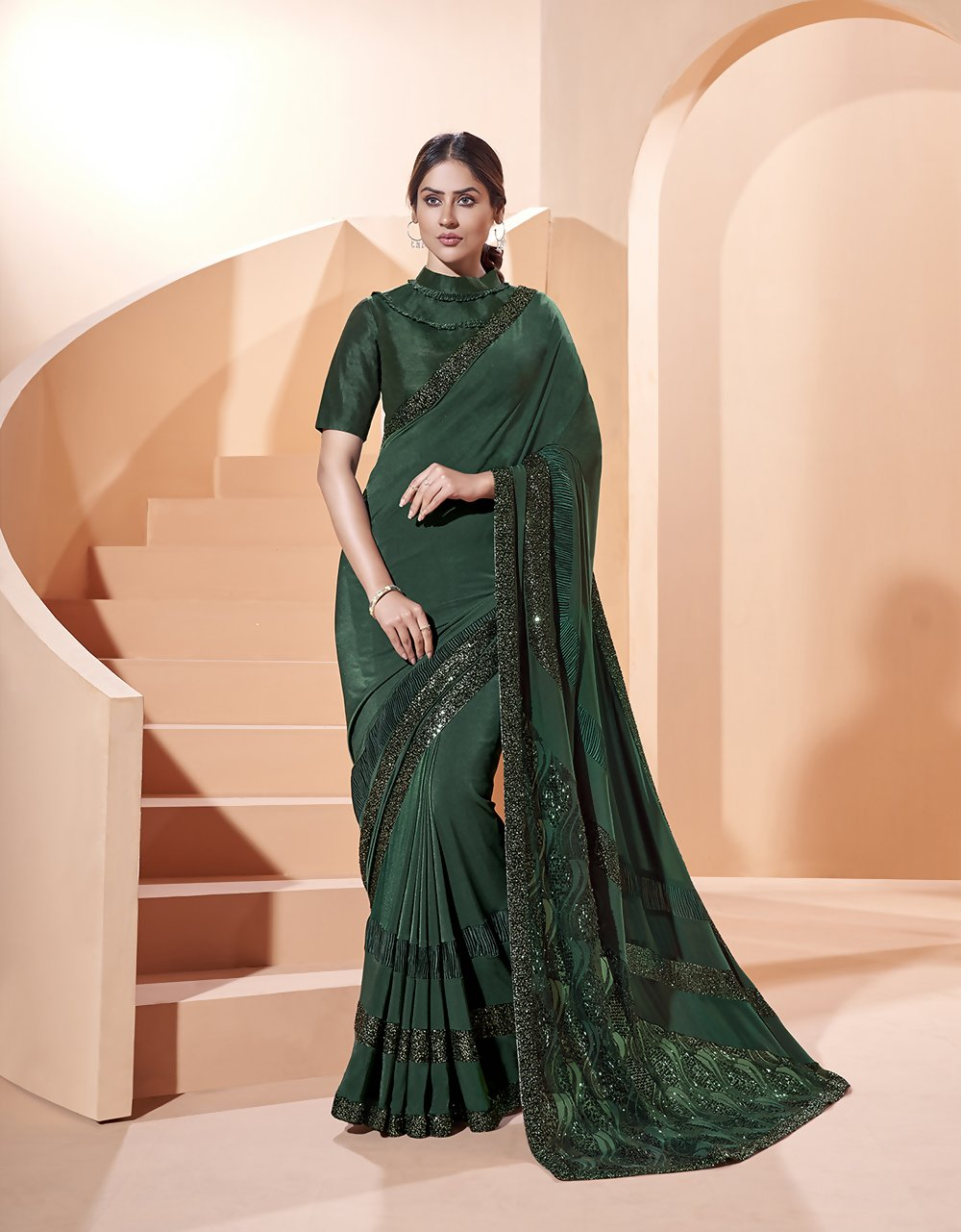 Green Lycrathread, Sequins And Fur Embroidery Saree - Norita Hit | Grocsy