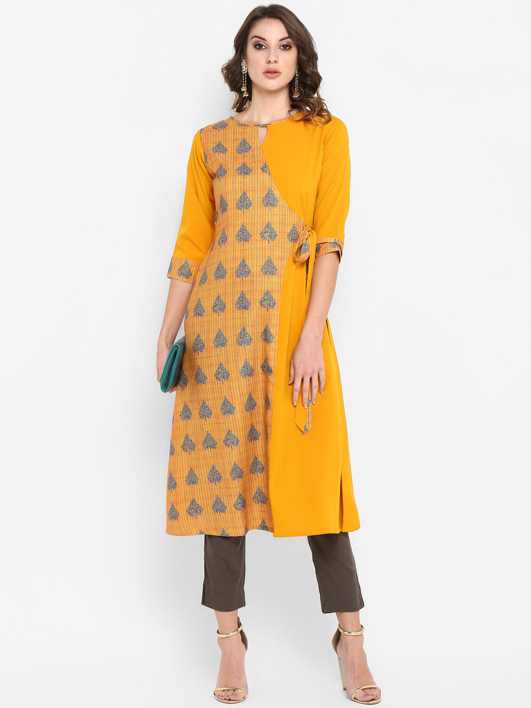 Janasya Women Mustard Yellow & Blue Printed A-Line Kurta | Grocsy