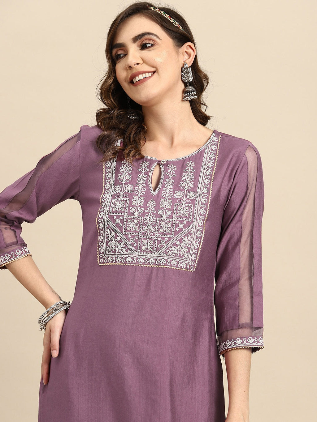 Sangria Ethnic Motifs Embroidered Thread Work Kurta With Trousers | Grocsy