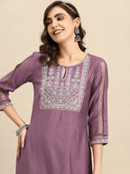 Sangria Ethnic Motifs Embroidered Thread Work Kurta With Trousers | Grocsy