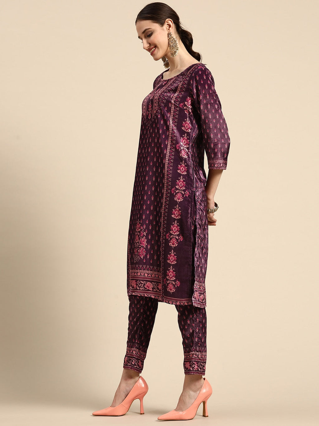 Sangria Women Burgundy & Pink Ethnic Motifs Printed Kurta with Trousers | Grocsy
