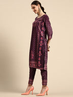 Sangria Women Burgundy & Pink Ethnic Motifs Printed Kurta with Trousers | Grocsy