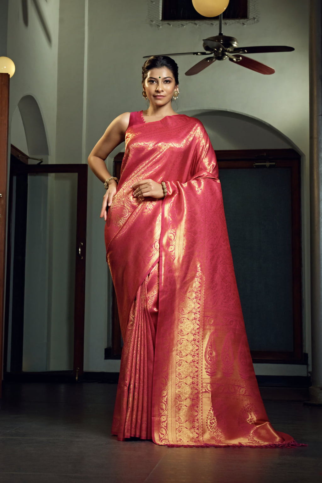 Vardha Fuchsia Pink Zari Work Kanjeevaram Silk Saree | Grocsy