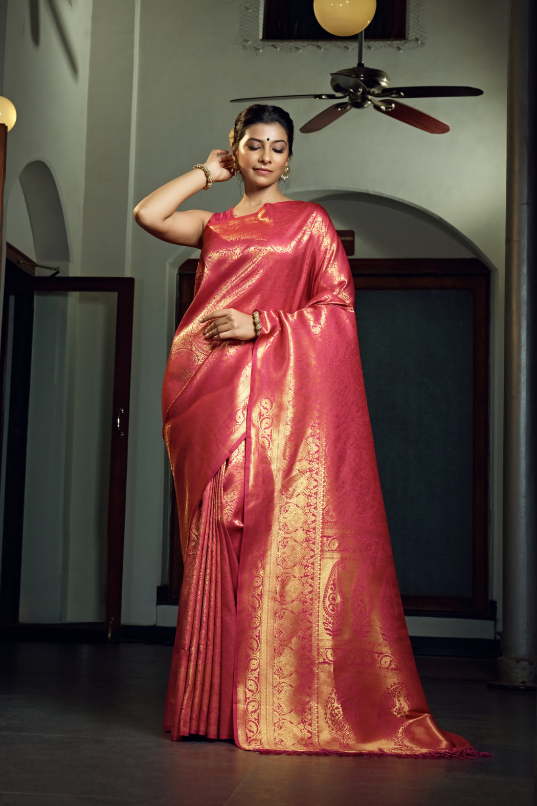 Vardha Fuchsia Pink Zari Work Kanjeevaram Silk Saree | Grocsy