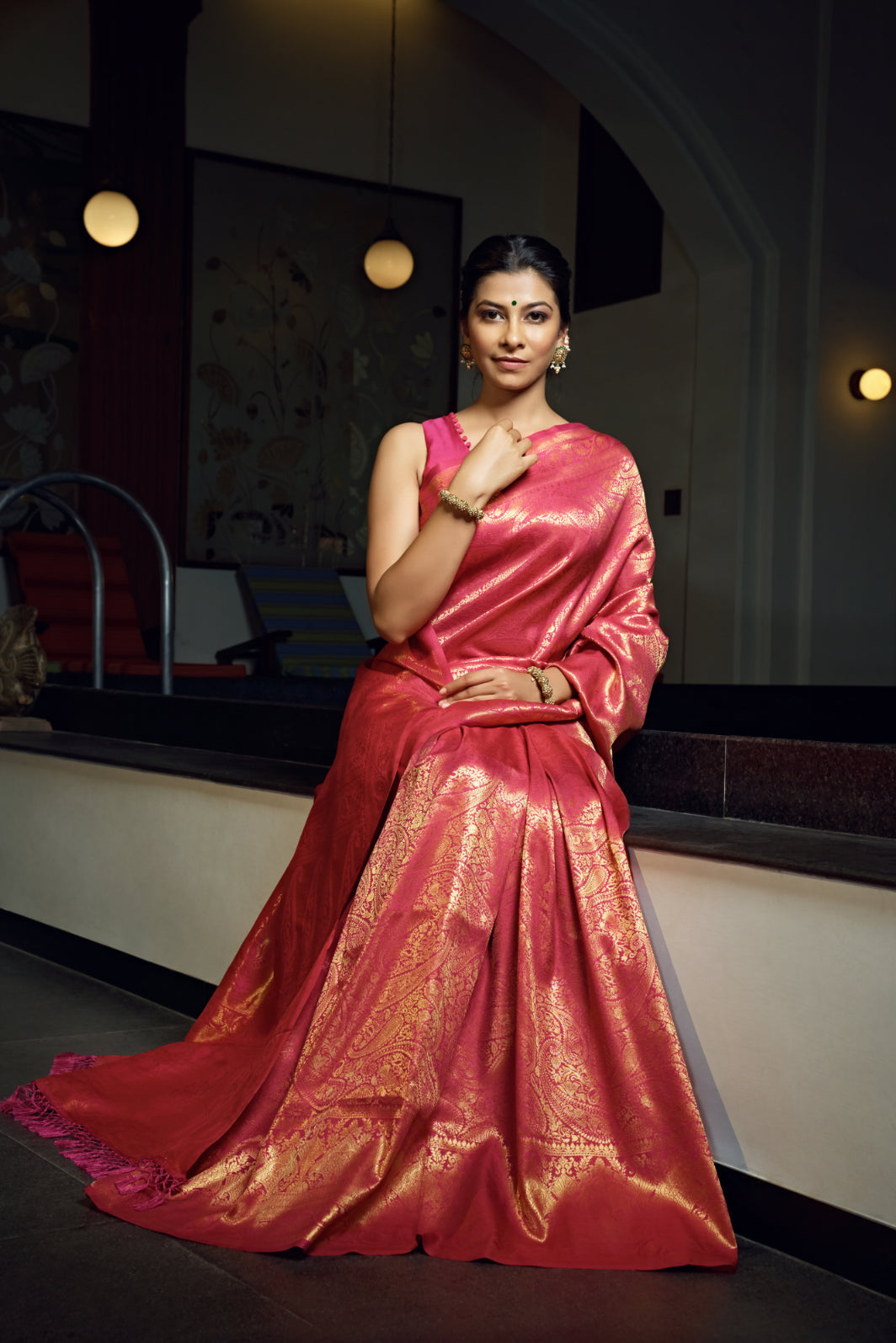 Vardha Fuchsia Pink Zari Work Kanjeevaram Silk Saree | Grocsy