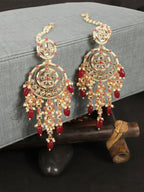 Anikas Creation Red & Gold-Polished Kundan Contemporary Chandbalis With Ear Chain Earrings | Grocsy