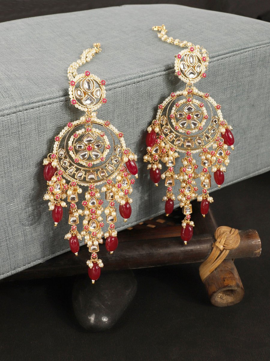 Anikas Creation Red & Gold-Polished Kundan Contemporary Chandbalis With Ear Chain Earrings | Grocsy