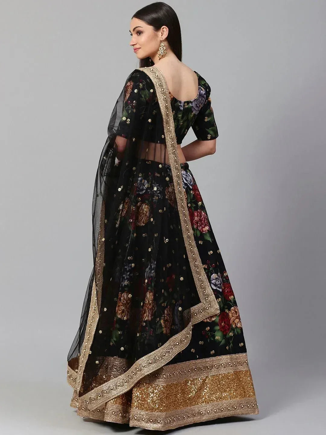 Tulsi Art Black & Grey Printed Semi-Stitched Myntra Lehenga & Unstitched Blouse With Dupatta | Grocsy