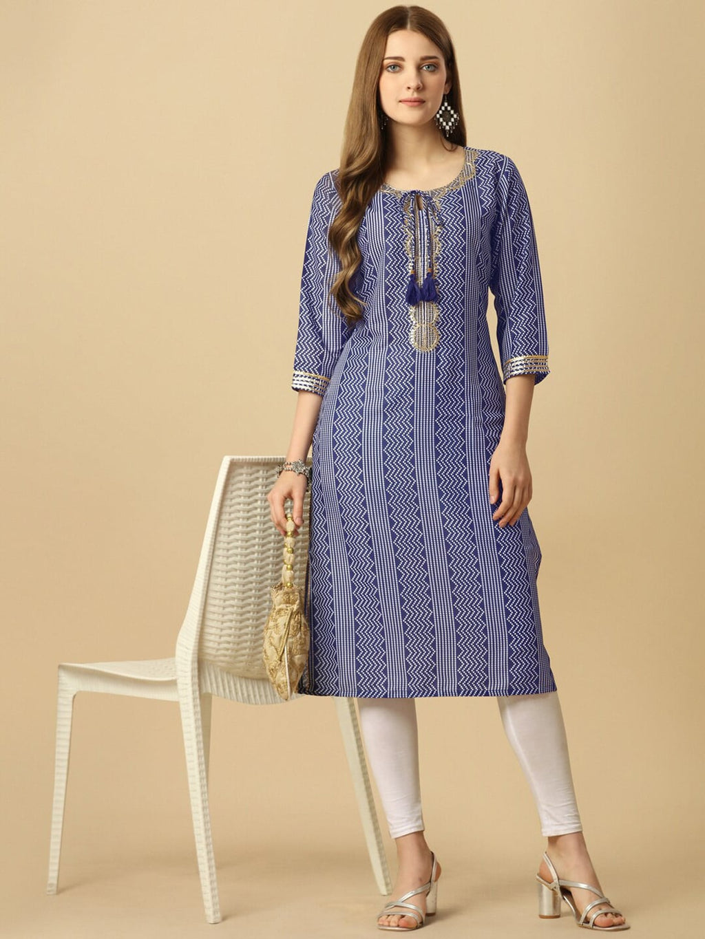HERE&NOW Blue & White Tie-Up Neck Bandhani Printed Sequined Straight Kurta | Grocsy