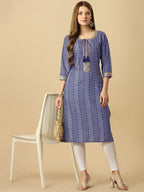 HERE&NOW Blue & White Tie-Up Neck Bandhani Printed Sequined Straight Kurta | Grocsy