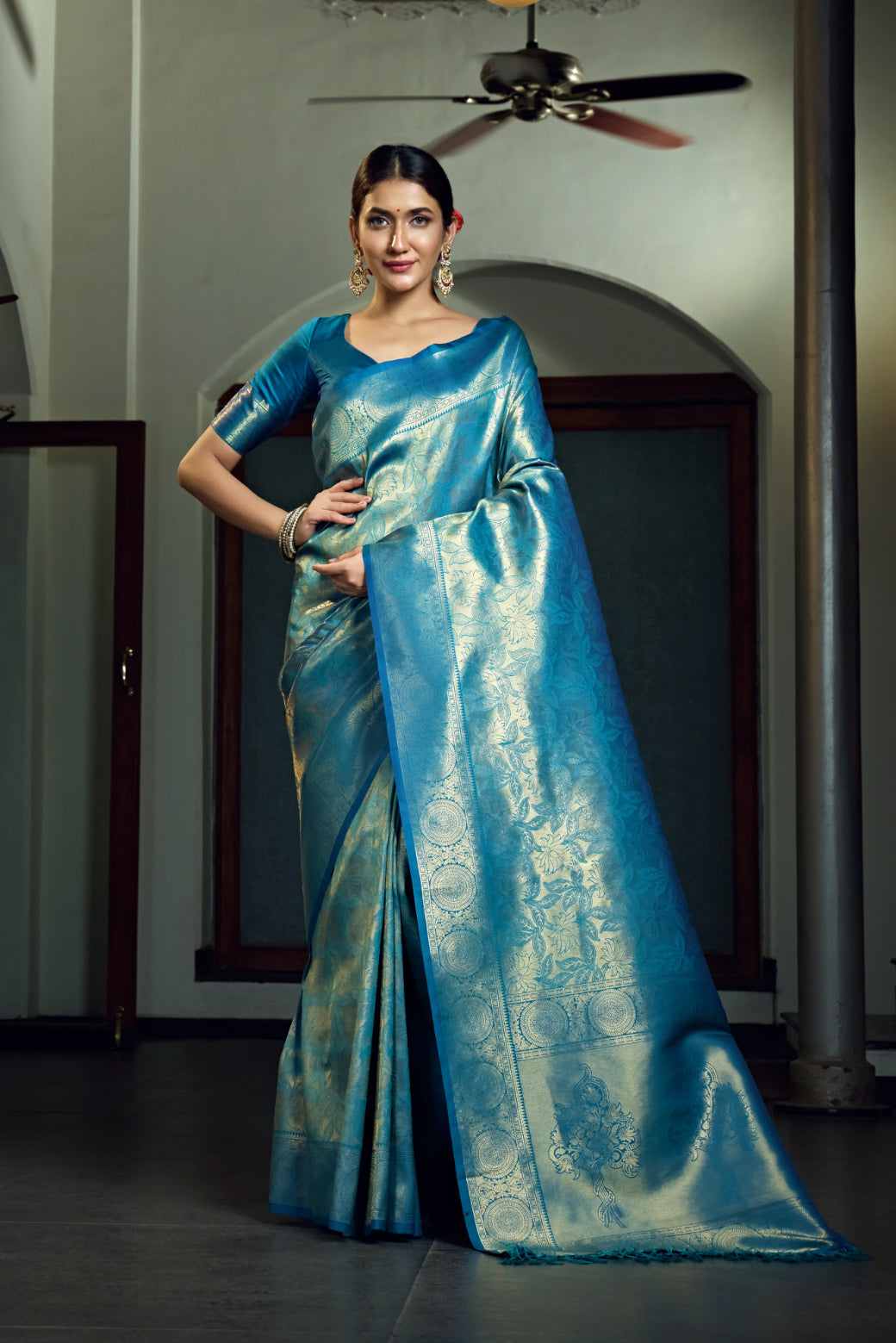 Vardha Sky Blue Zari Work Kanjeevaram Silk Saree | Grocsy