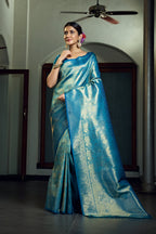 Vardha Sky Blue Zari Work Kanjeevaram Silk Saree | Grocsy