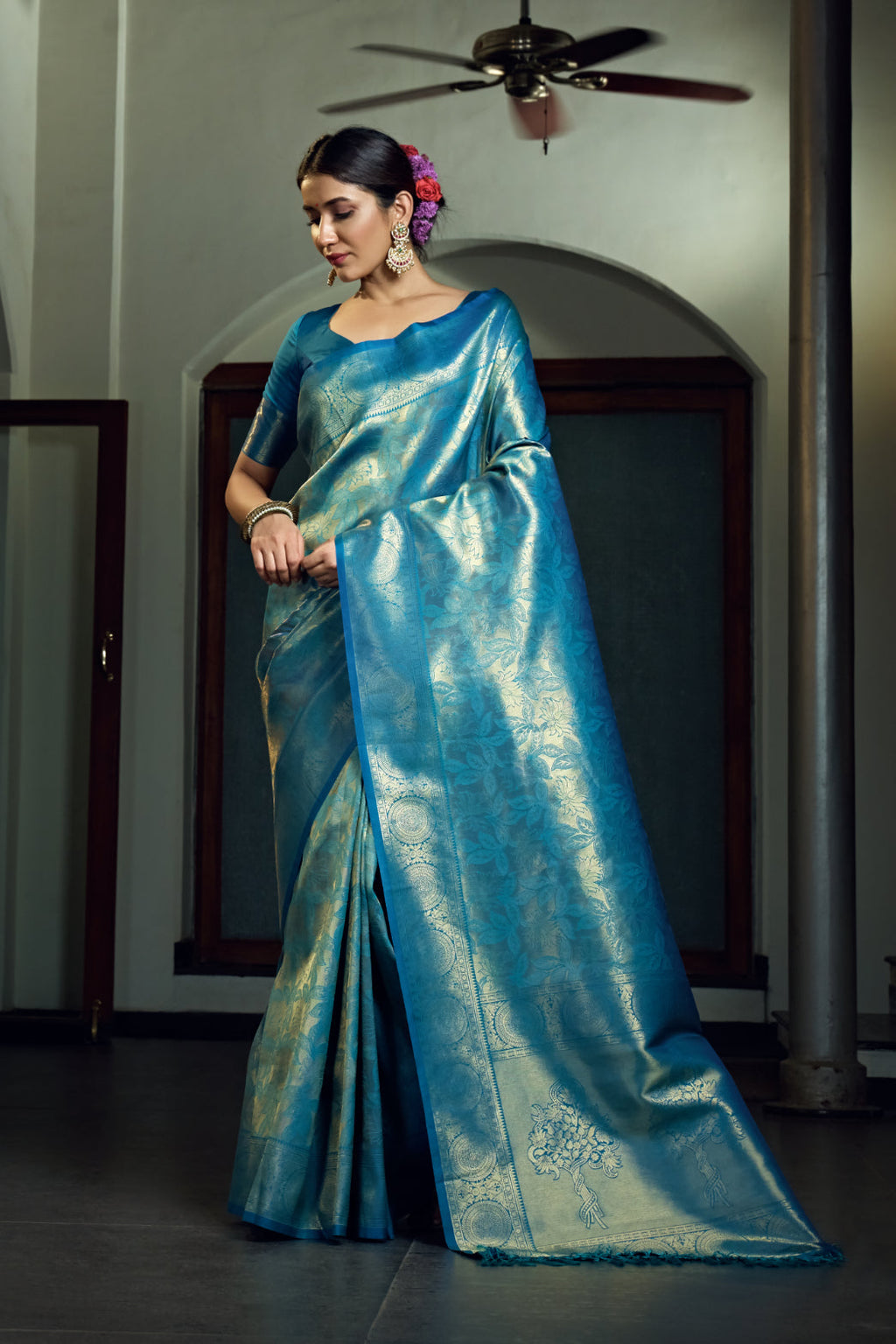 Vardha Sky Blue Zari Work Kanjeevaram Silk Saree | Grocsy