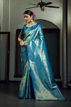 Vardha Sky Blue Zari Work Kanjeevaram Silk Saree | Grocsy