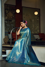 Vardha Sky Blue Zari Work Kanjeevaram Silk Saree | Grocsy