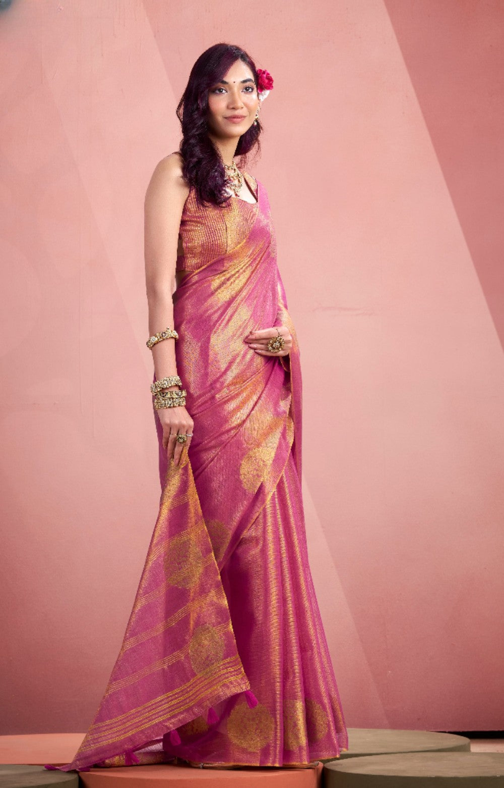 Anaita Magenta Silk Tissue Zari Weaving Work Saree With Blouse Piece | Grocsy
