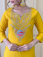 The52 Yellow Embroidered Viscose Fabric Straight Kurta, Pant and Dupatta Set | Grocsy
