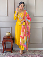 The52 Yellow Embroidered Viscose Fabric Straight Kurta, Pant and Dupatta Set | Grocsy