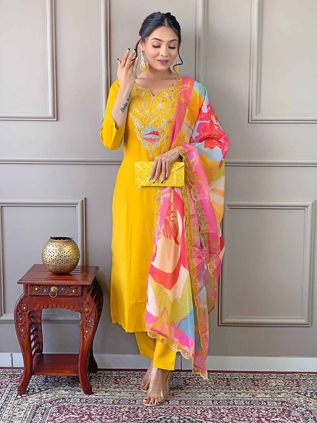 The52 Yellow Embroidered Viscose Fabric Straight Kurta, Pant and Dupatta Set | Grocsy