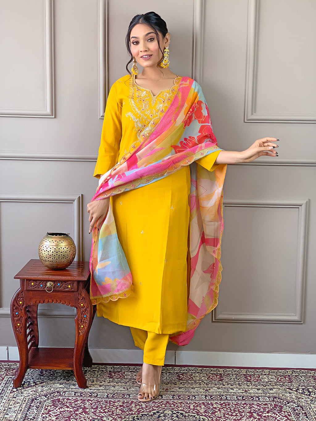 The52 Yellow Embroidered Viscose Fabric Straight Kurta, Pant and Dupatta Set | Grocsy