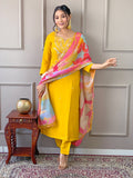 The52 Yellow Embroidered Viscose Fabric Straight Kurta, Pant and Dupatta Set | Grocsy
