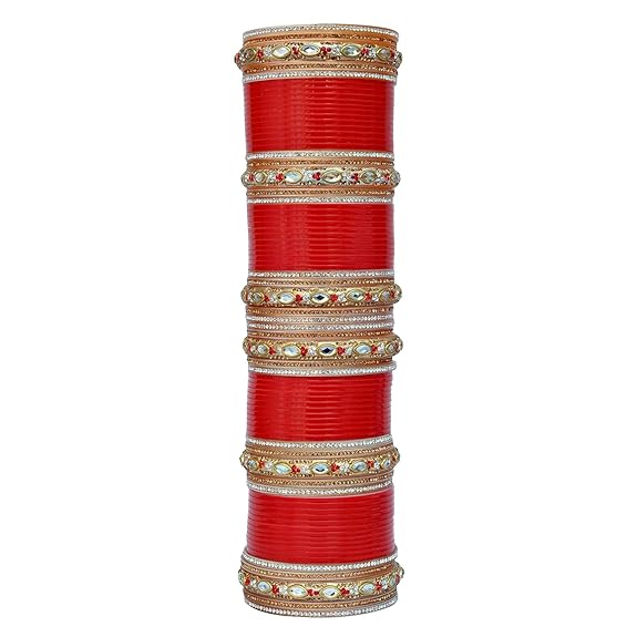 Tehzeeb Creations Bridal Bangle Set Red Golden & White Stone Chura Designer Fashion Choora Punjabi Chuda Set | Grocsy