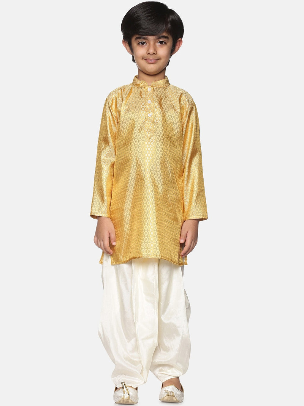 Sethukrishna Boys Gold-Toned & Off White Woven Design Kurta with Dhoti Pants | Grocsy