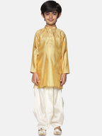 Sethukrishna Boys Gold-Toned & Off White Woven Design Kurta with Dhoti Pants | Grocsy