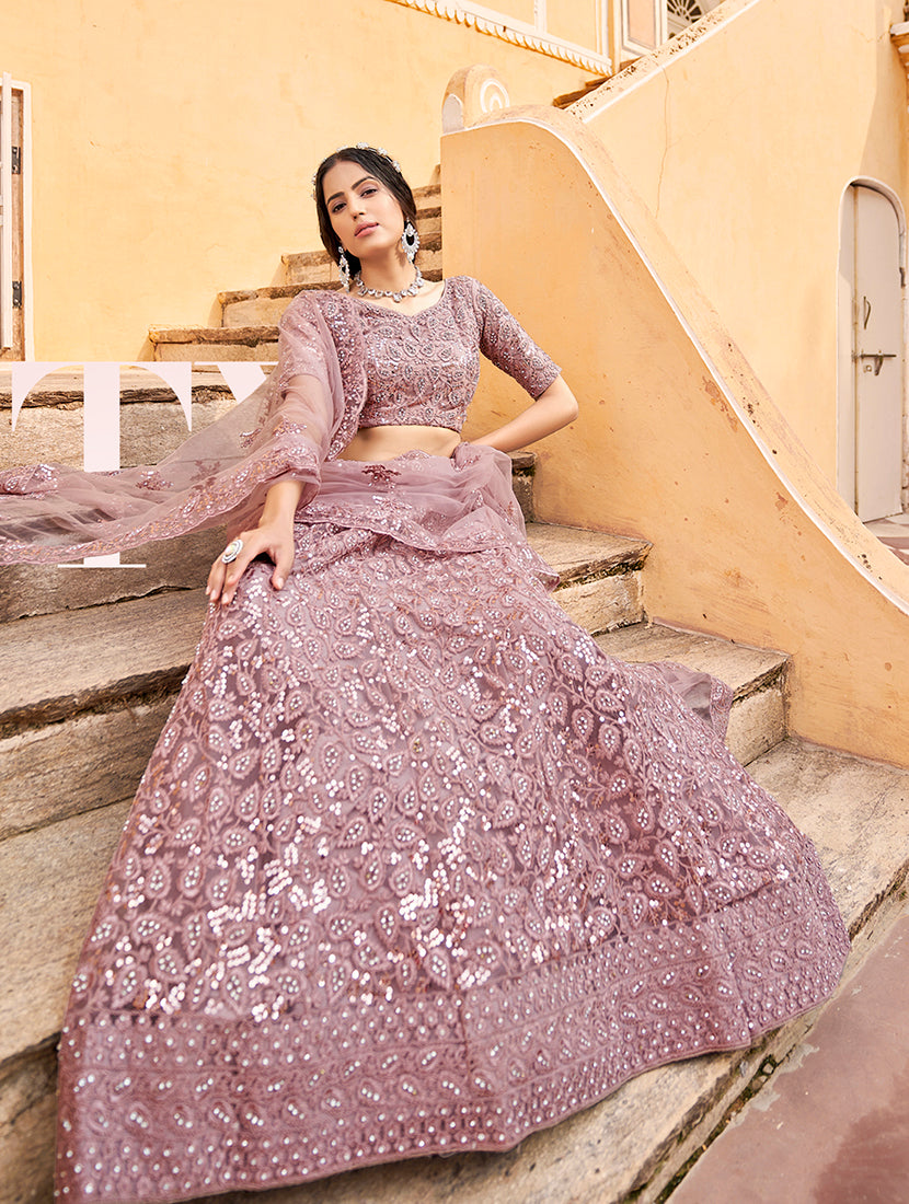 Monjolika Fashion Mauve Color Net Zarkhan Work Heavy Lehenga Choli | Grocsy
