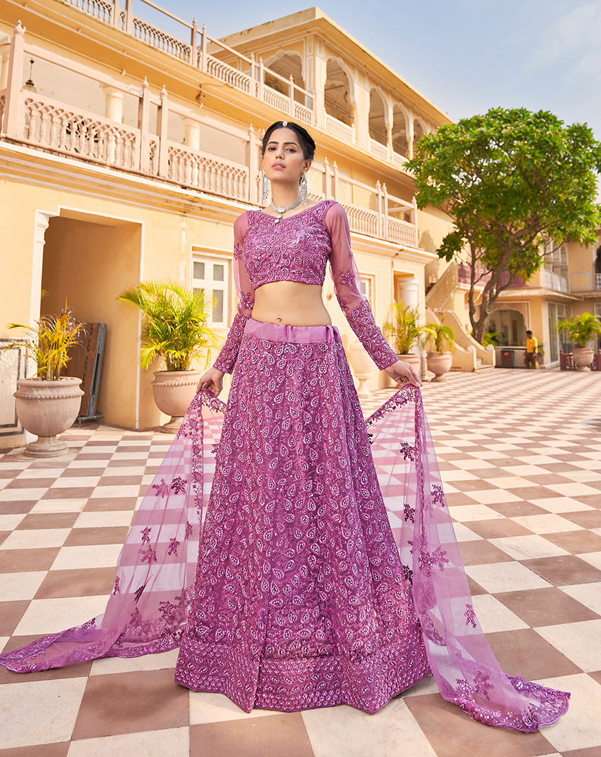 Monjolika Fashion Pink Color Net Zarkhan Work Heavy Lehenga Choli | Grocsy